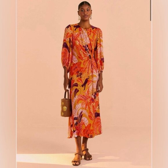 FARM Rio Jungle Panther Cutout Balloon Sleeve Dress in Jungle Panther Biege M - Picture 1 of 9